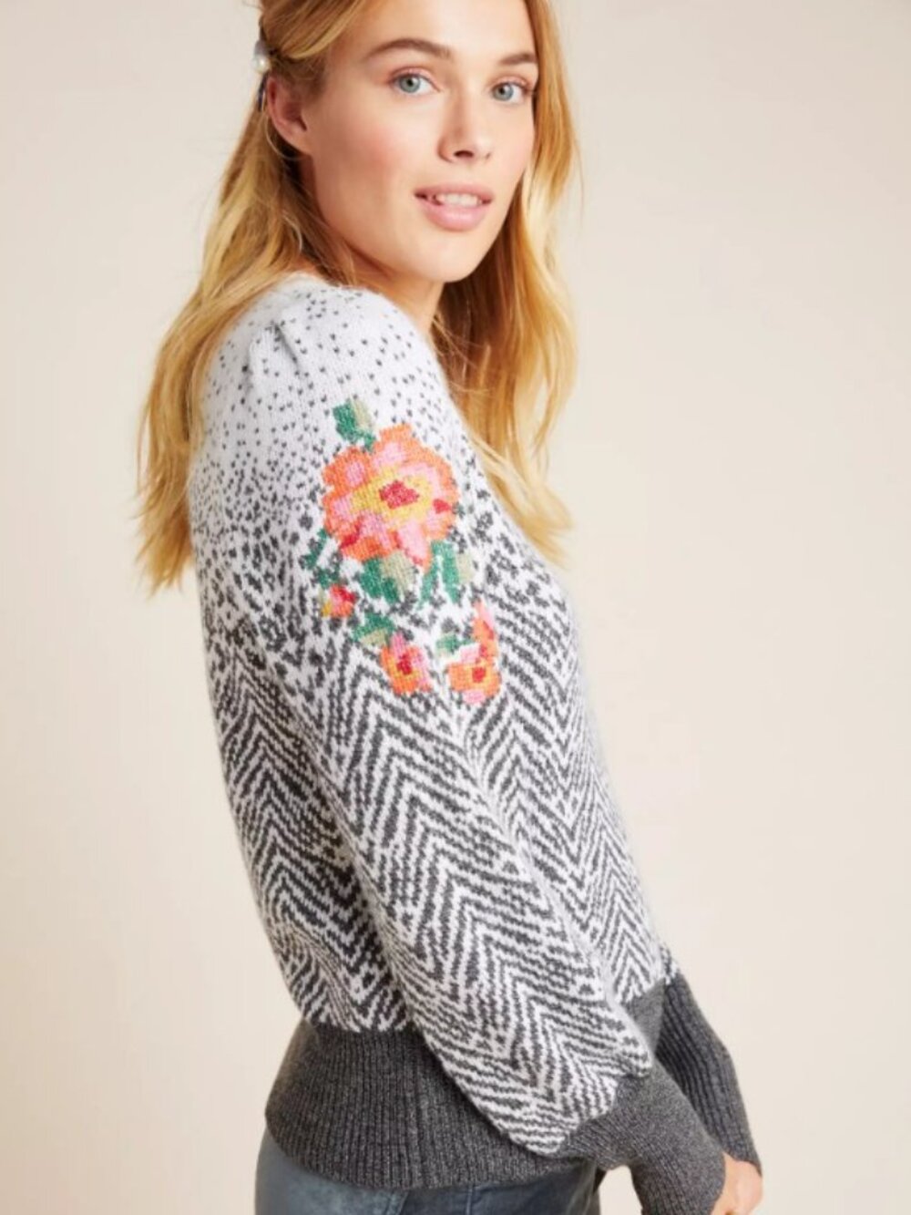 Anthropologie Karolina Floral Embroidered Wool Blend Sweater Petite S - Picture 1 of 12
